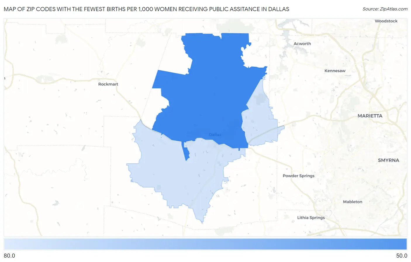 Zip Codes with the Fewest Births per 1,000 Women Receiving Public Assitance in Dallas Map