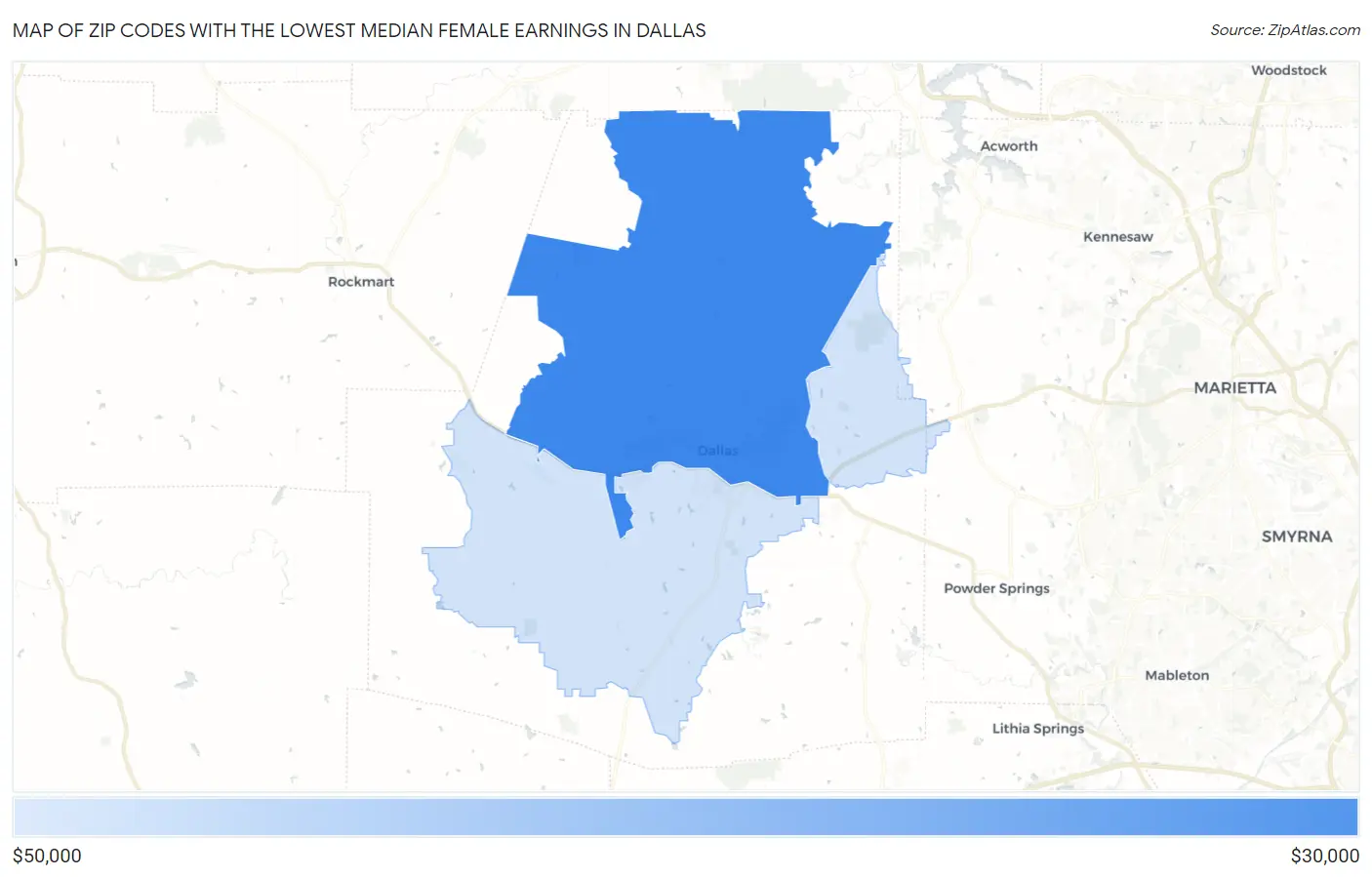 Zip Codes with the Lowest Median Female Earnings in Dallas Map