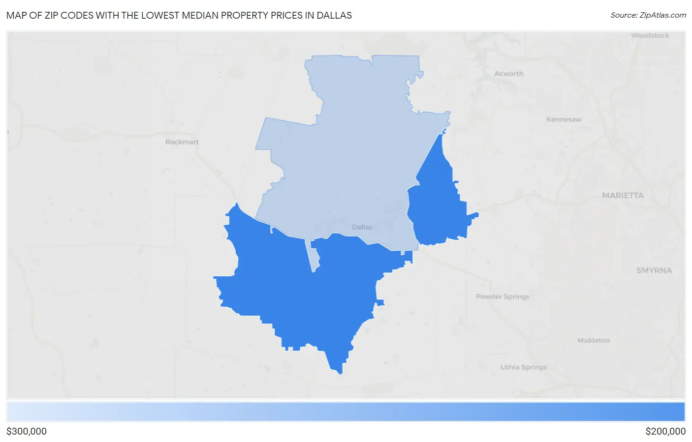 Zip Codes with the Lowest Median Property Prices in Dallas Map