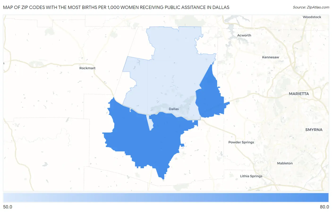 Zip Codes with the Most Births per 1,000 Women Receiving Public Assitance in Dallas Map