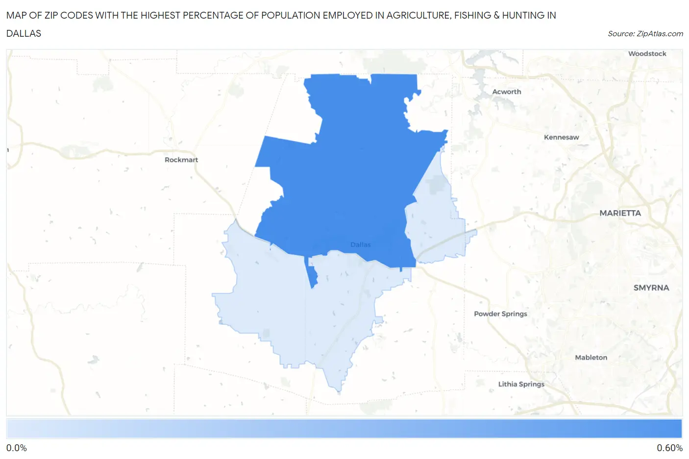 Zip Codes with the Highest Percentage of Population Employed in Agriculture, Fishing & Hunting in Dallas Map