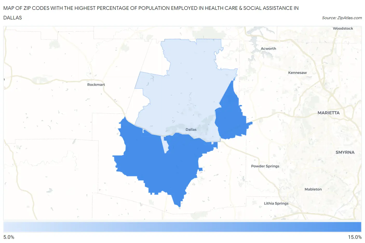 Zip Codes with the Highest Percentage of Population Employed in Health Care & Social Assistance in Dallas Map