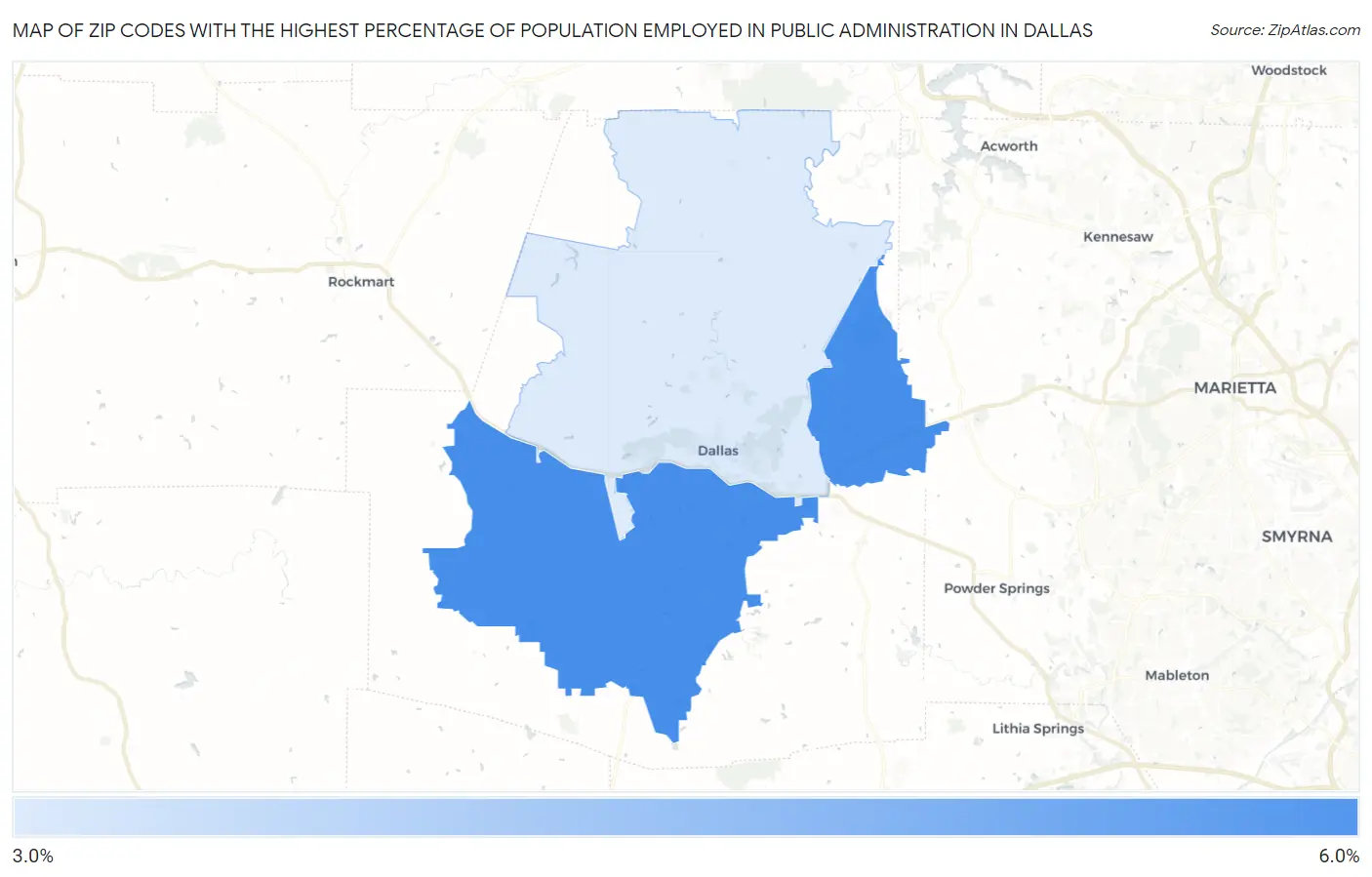 Zip Codes with the Highest Percentage of Population Employed in Public Administration in Dallas Map