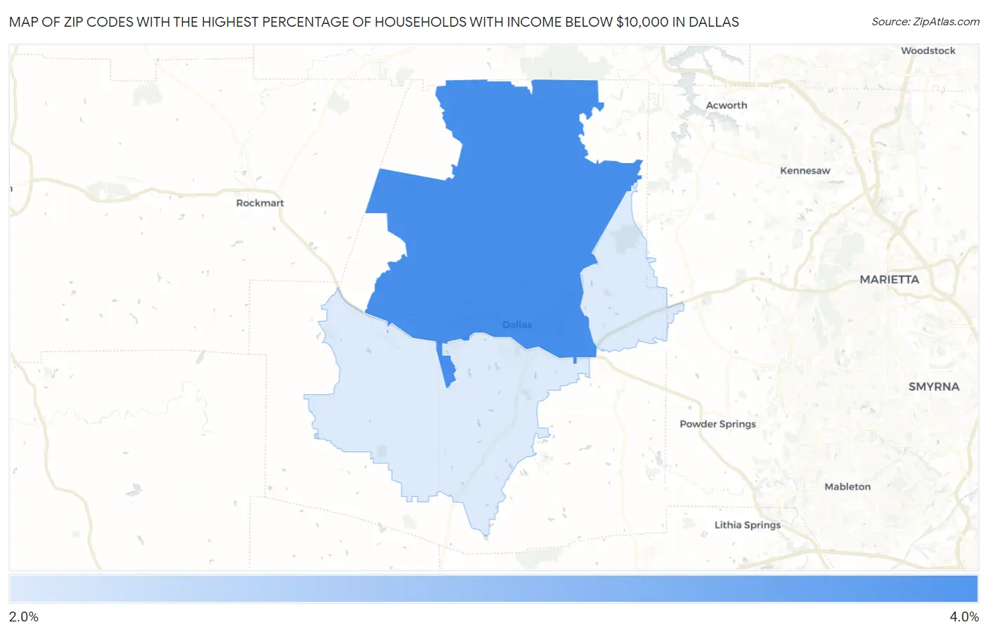 Zip Codes with the Highest Percentage of Households with Income Below $10,000 in Dallas Map