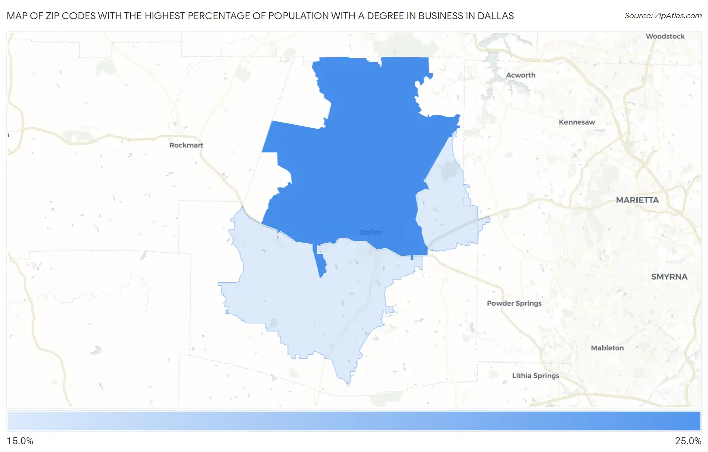 Zip Codes with the Highest Percentage of Population with a Degree in Business in Dallas Map