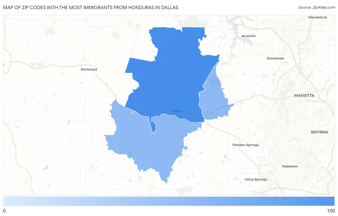 Zip Codes with the Most Immigrants from Honduras in Dallas Map