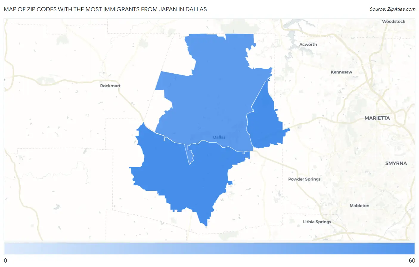 Zip Codes with the Most Immigrants from Japan in Dallas Map