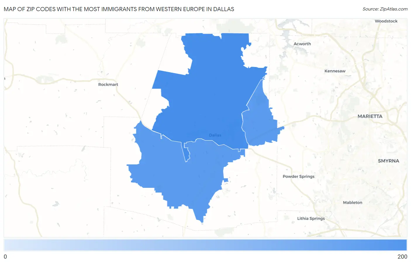 Zip Codes with the Most Immigrants from Western Europe in Dallas Map