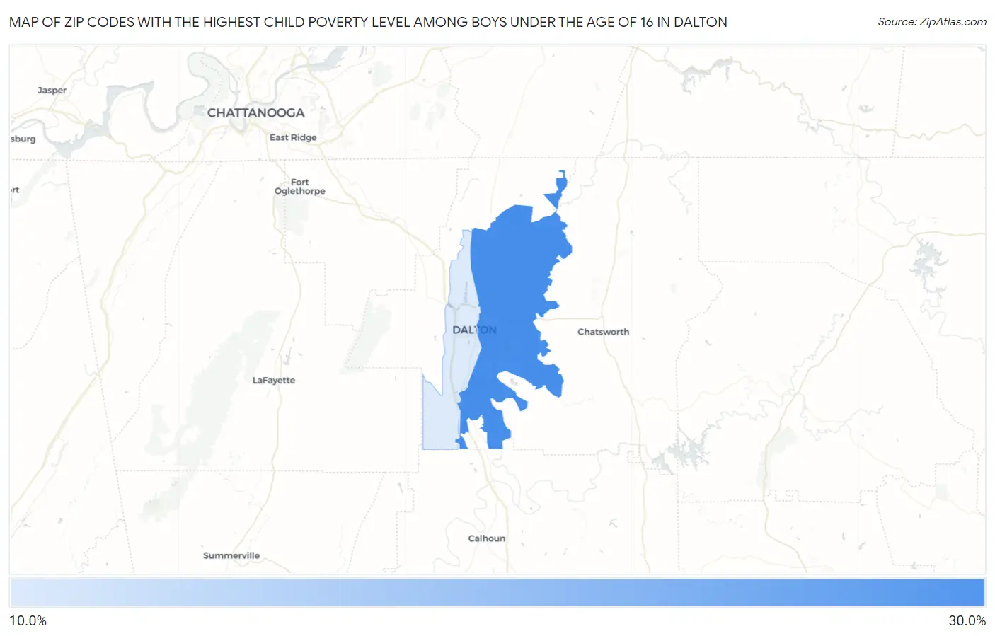 Zip Codes with the Highest Child Poverty Level Among Boys Under the Age of 16 in Dalton Map