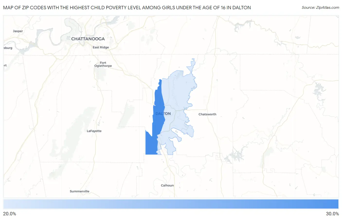Zip Codes with the Highest Child Poverty Level Among Girls Under the Age of 16 in Dalton Map