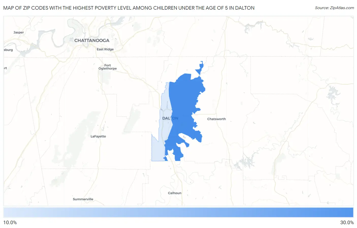 Zip Codes with the Highest Poverty Level Among Children Under the Age of 5 in Dalton Map