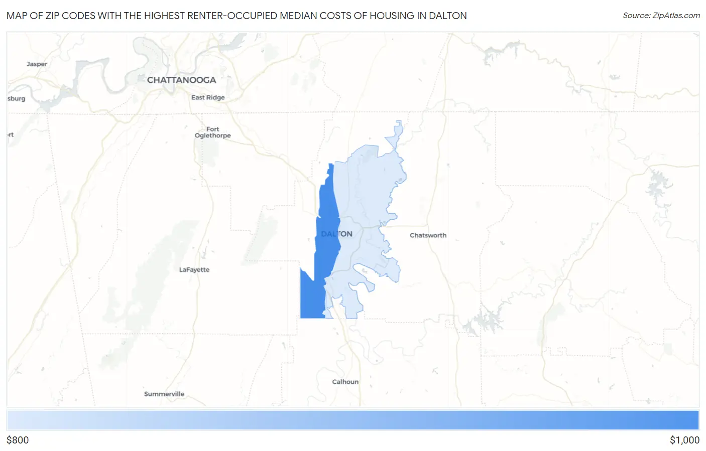 Zip Codes with the Highest Renter-Occupied Median Costs of Housing in Dalton Map
