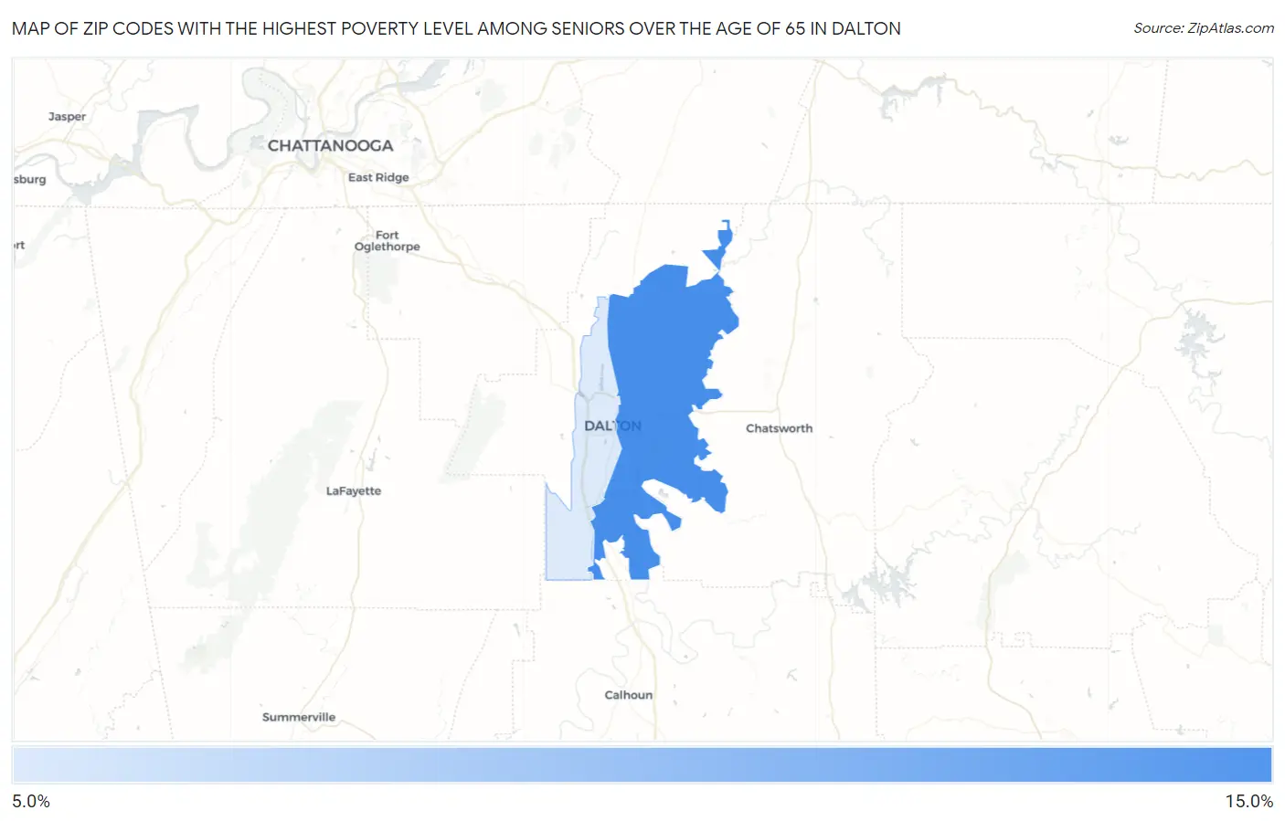 Zip Codes with the Highest Poverty Level Among Seniors Over the Age of 65 in Dalton Map