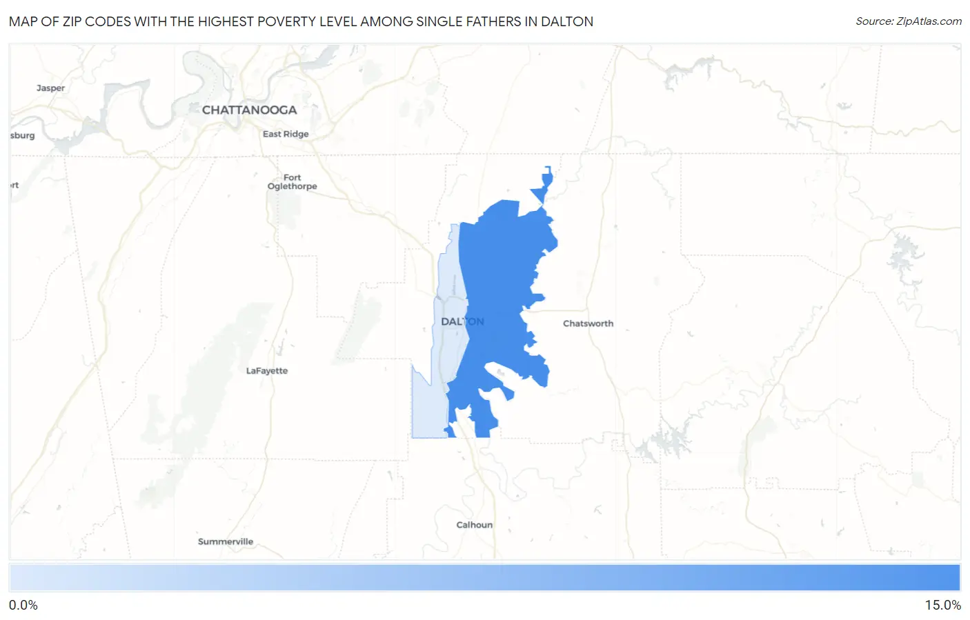Zip Codes with the Highest Poverty Level Among Single Fathers in Dalton Map