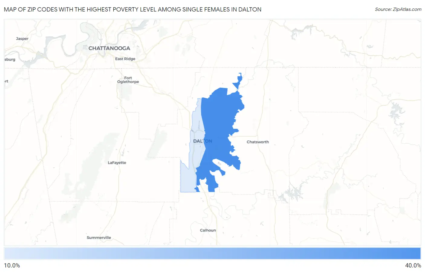 Zip Codes with the Highest Poverty Level Among Single Females in Dalton Map