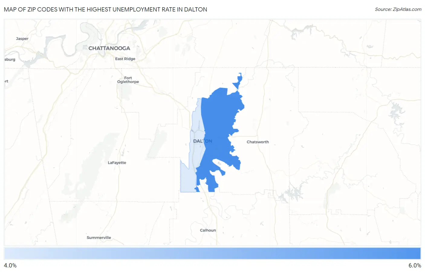 Zip Codes with the Highest Unemployment Rate in Dalton Map
