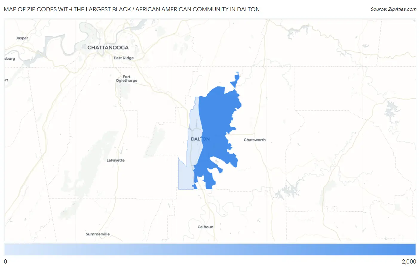 Zip Codes with the Largest Black / African American Community in Dalton Map