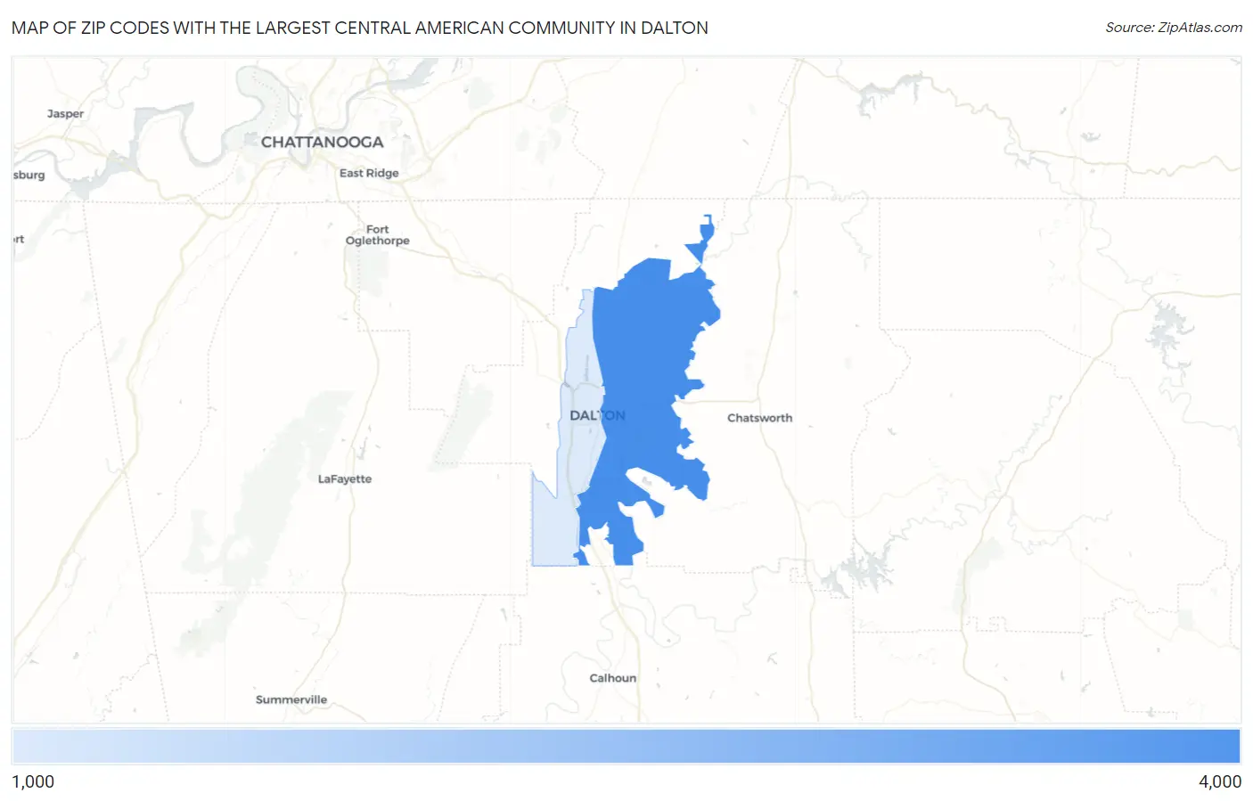 Zip Codes with the Largest Central American Community in Dalton Map