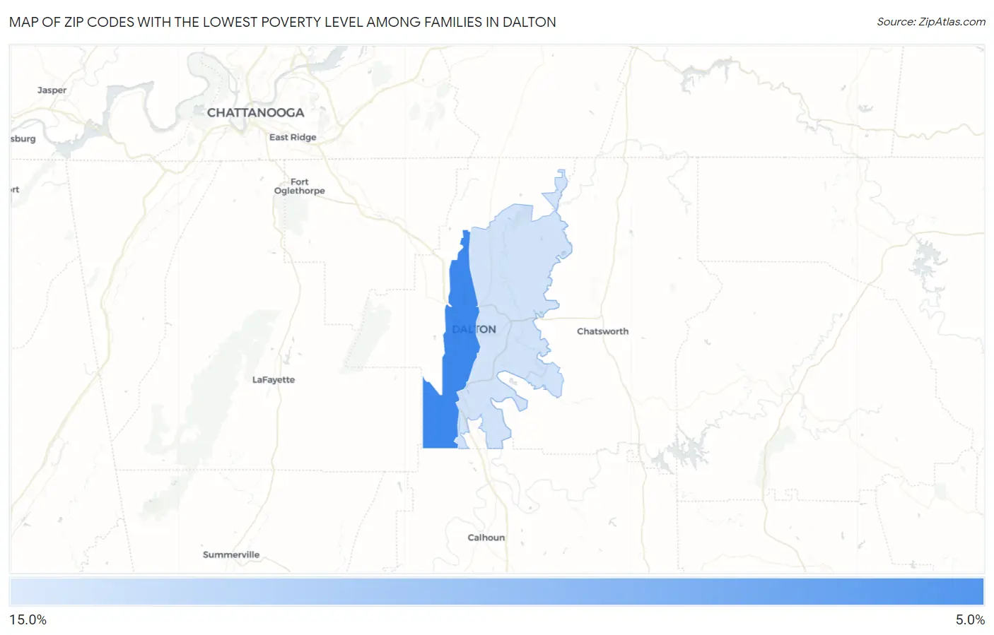 Zip Codes with the Lowest Poverty Level Among Families in Dalton Map