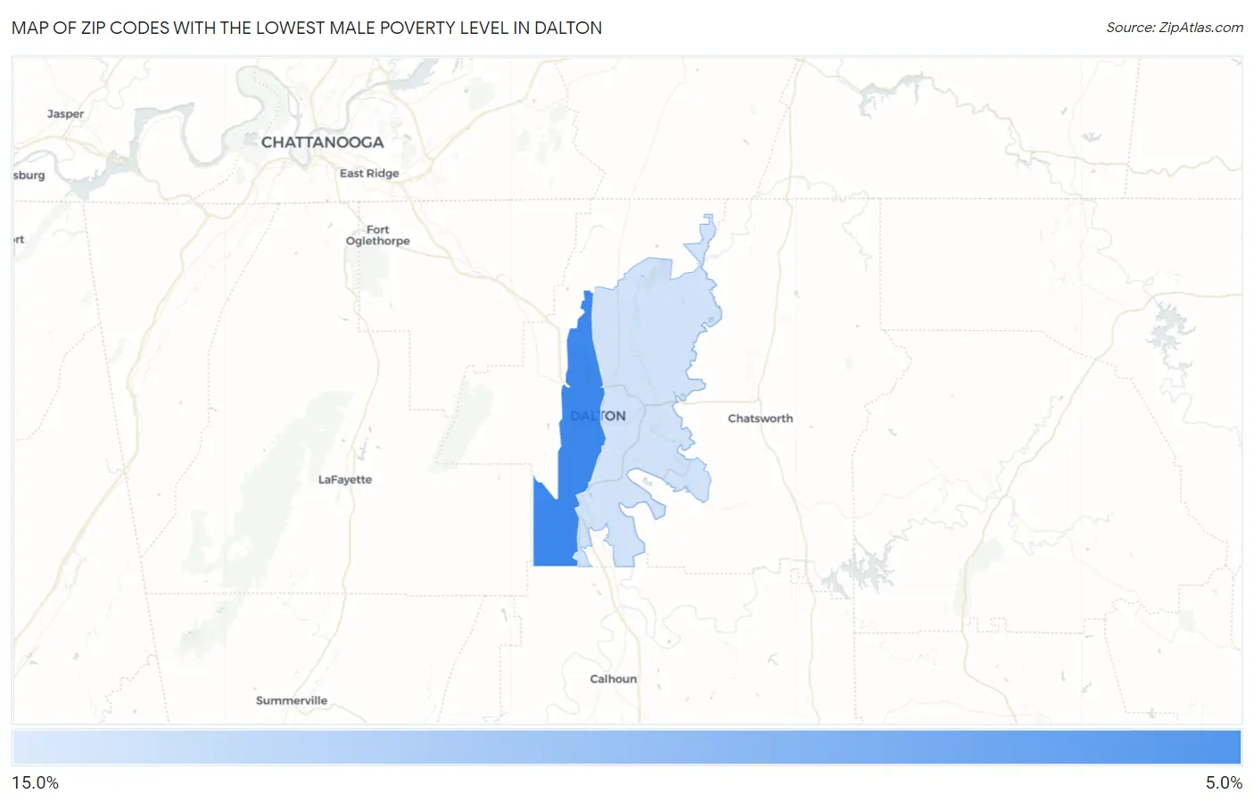 Zip Codes with the Lowest Male Poverty Level in Dalton Map