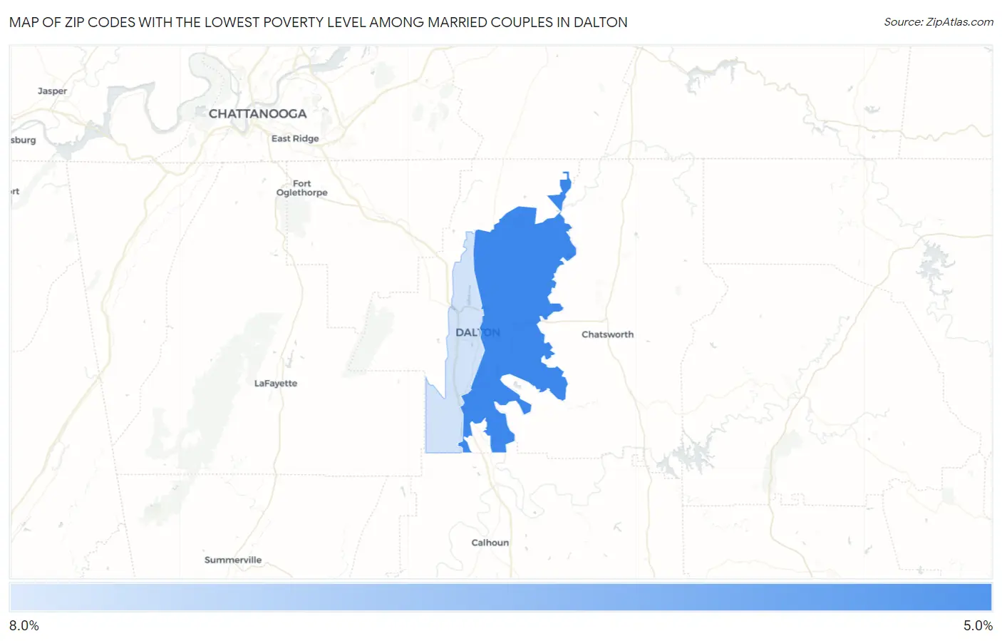 Zip Codes with the Lowest Poverty Level Among Married Couples in Dalton Map