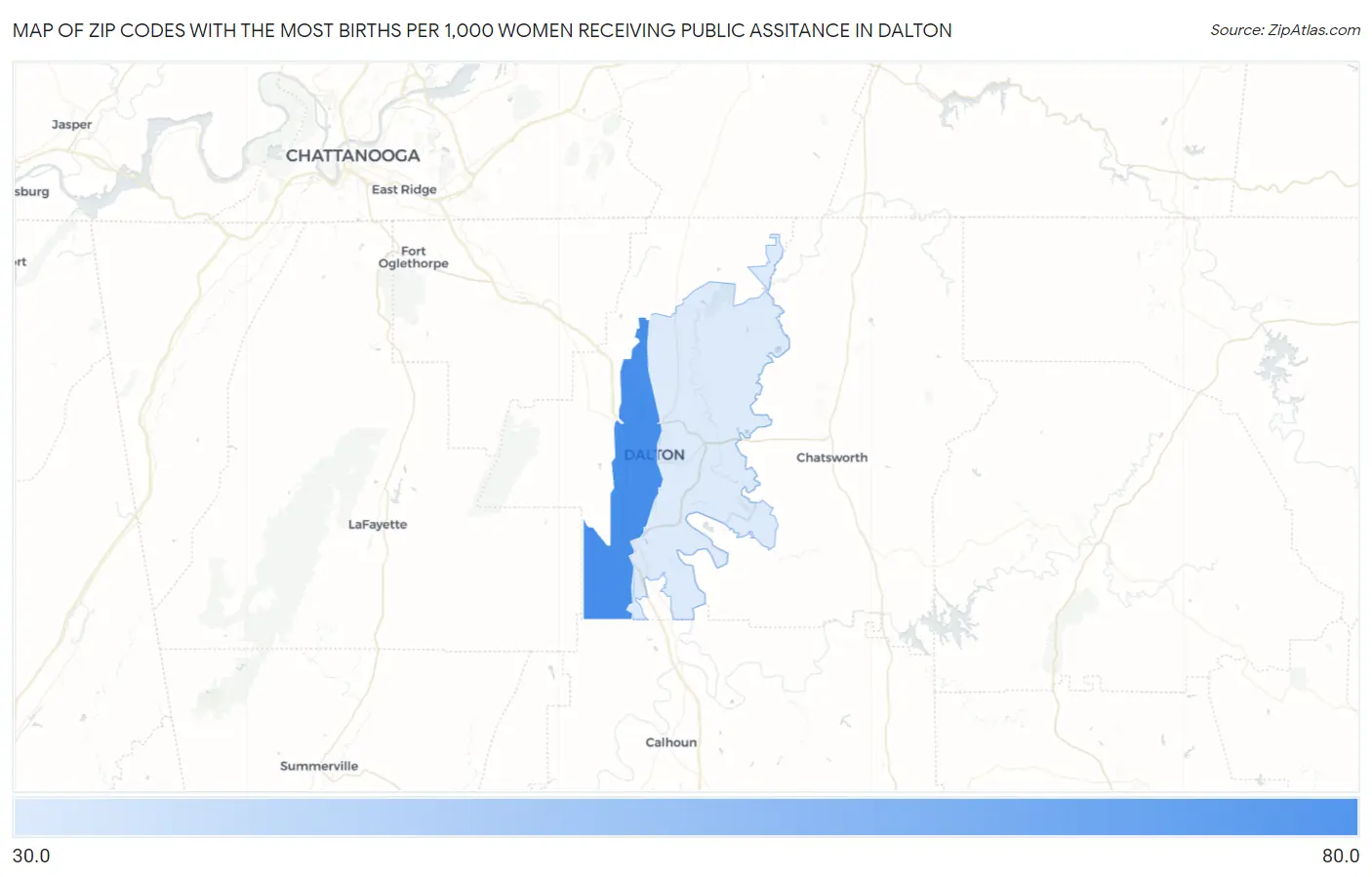 Zip Codes with the Most Births per 1,000 Women Receiving Public Assitance in Dalton Map