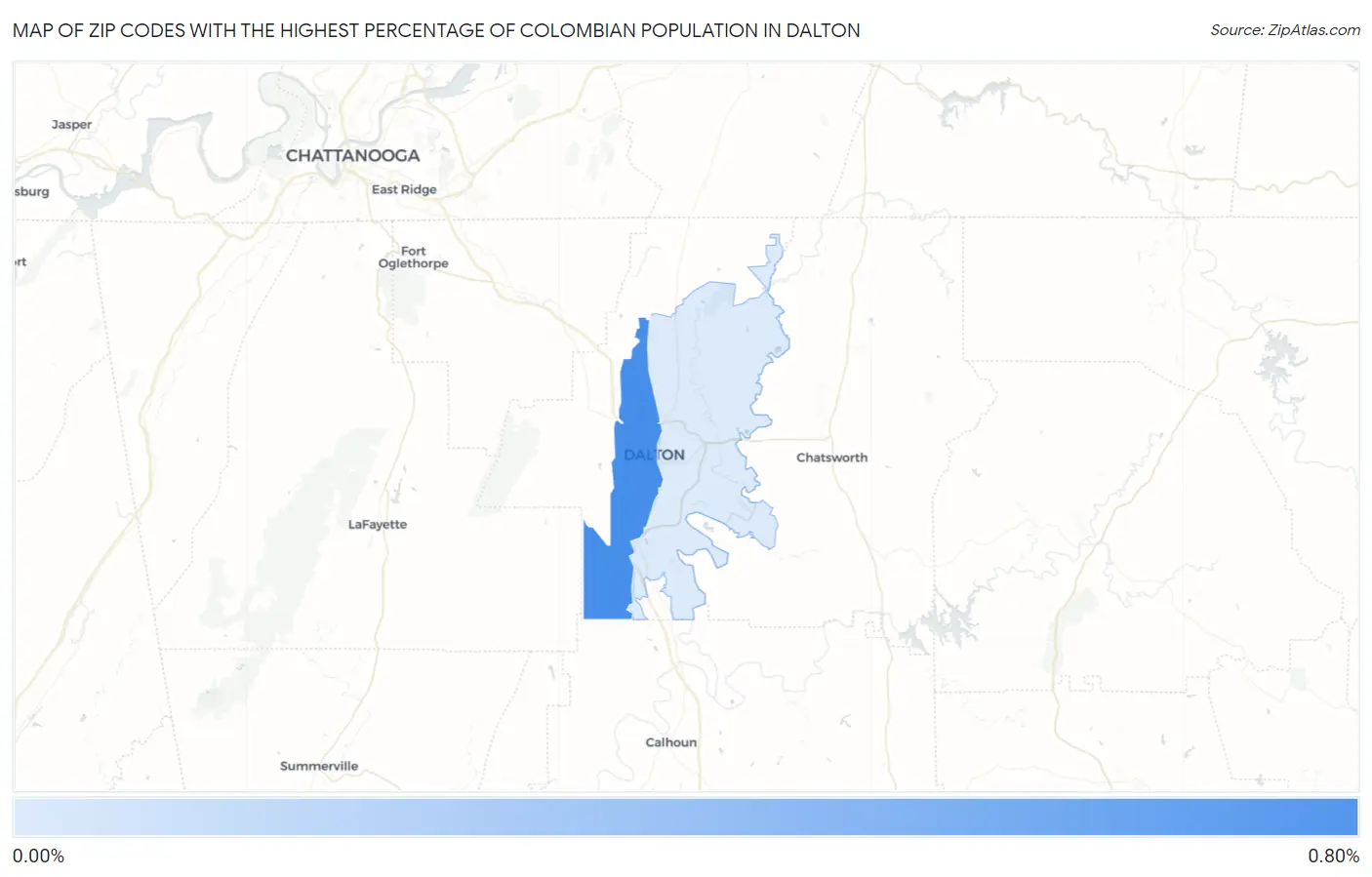 Zip Codes with the Highest Percentage of Colombian Population in Dalton Map