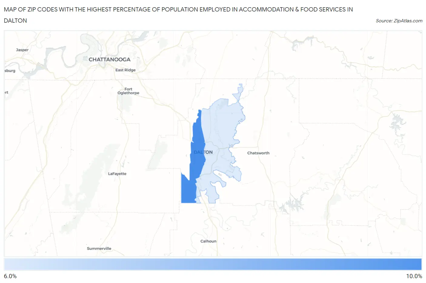 Zip Codes with the Highest Percentage of Population Employed in Accommodation & Food Services in Dalton Map
