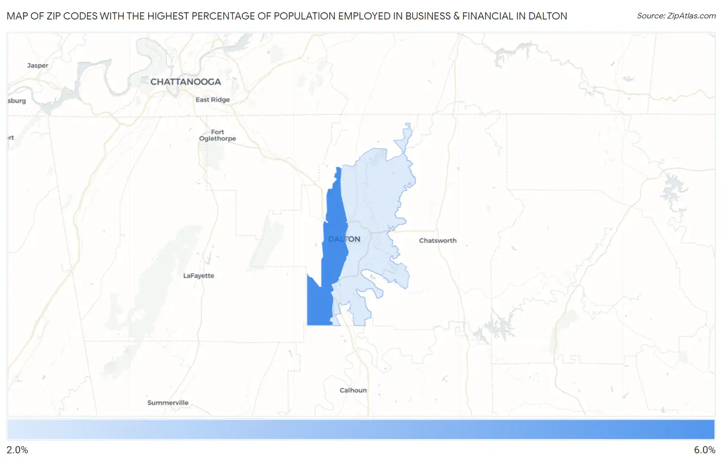 Zip Codes with the Highest Percentage of Population Employed in Business & Financial in Dalton Map