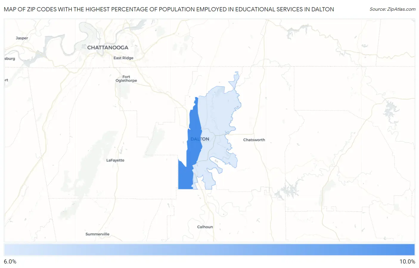 Zip Codes with the Highest Percentage of Population Employed in Educational Services in Dalton Map