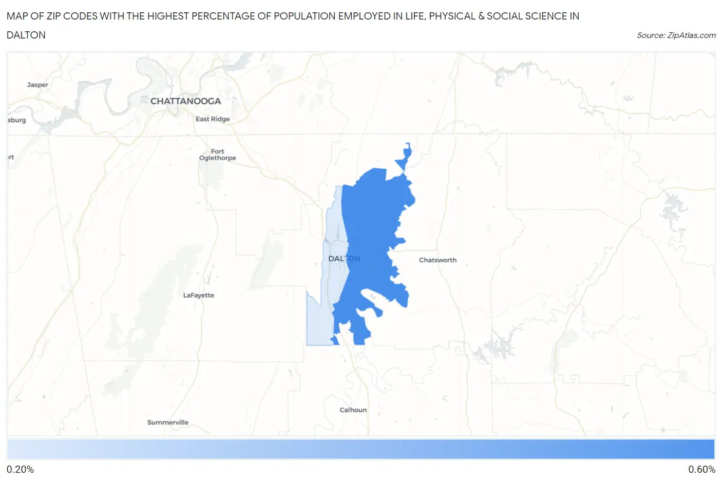 Zip Codes with the Highest Percentage of Population Employed in Life, Physical & Social Science in Dalton Map