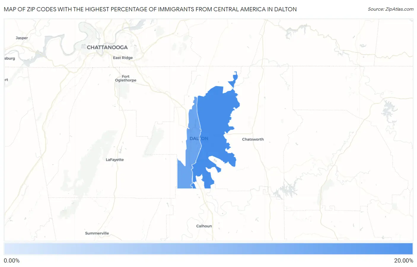 Zip Codes with the Highest Percentage of Immigrants from Central America in Dalton Map