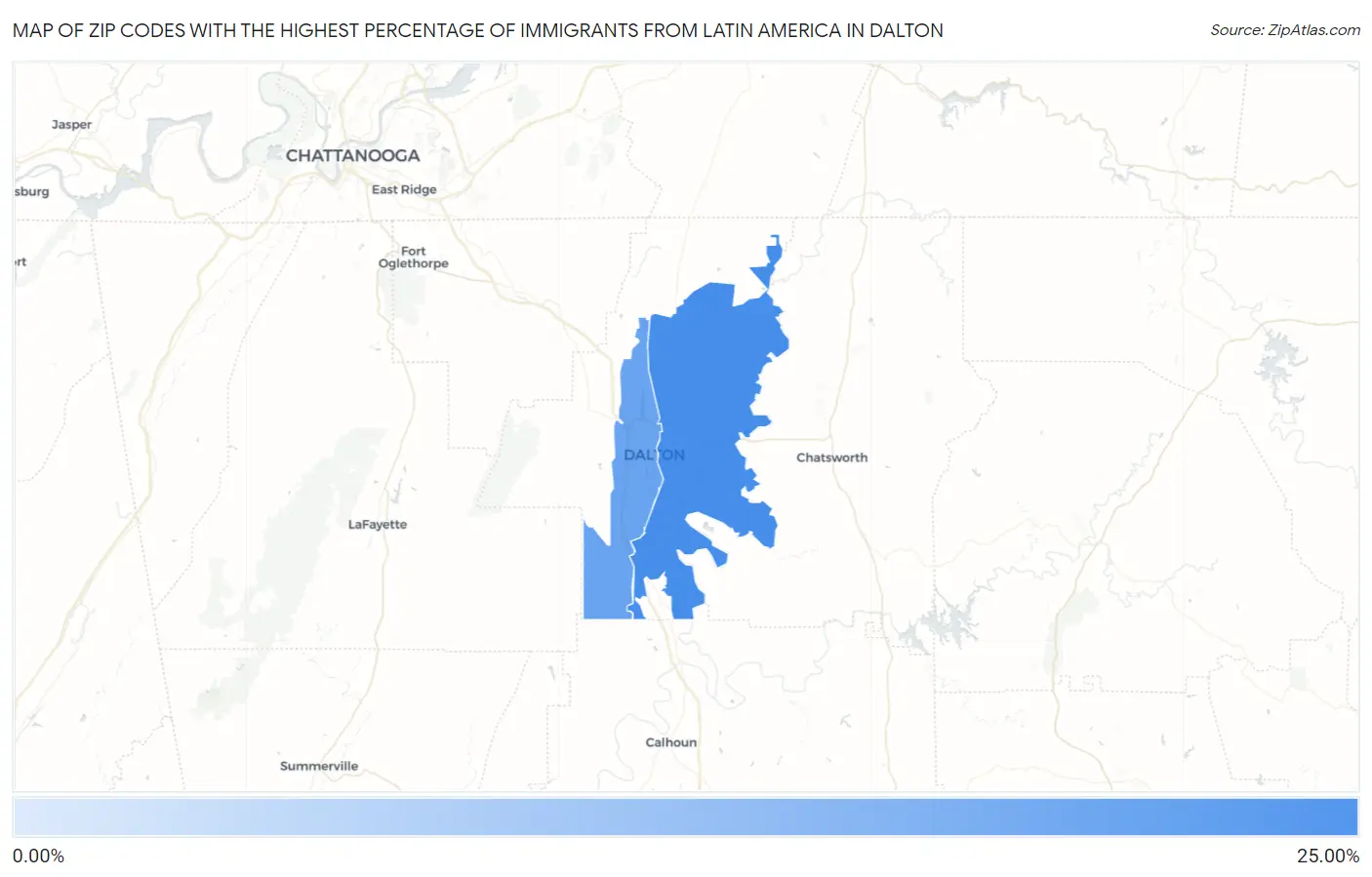 Zip Codes with the Highest Percentage of Immigrants from Latin America in Dalton Map