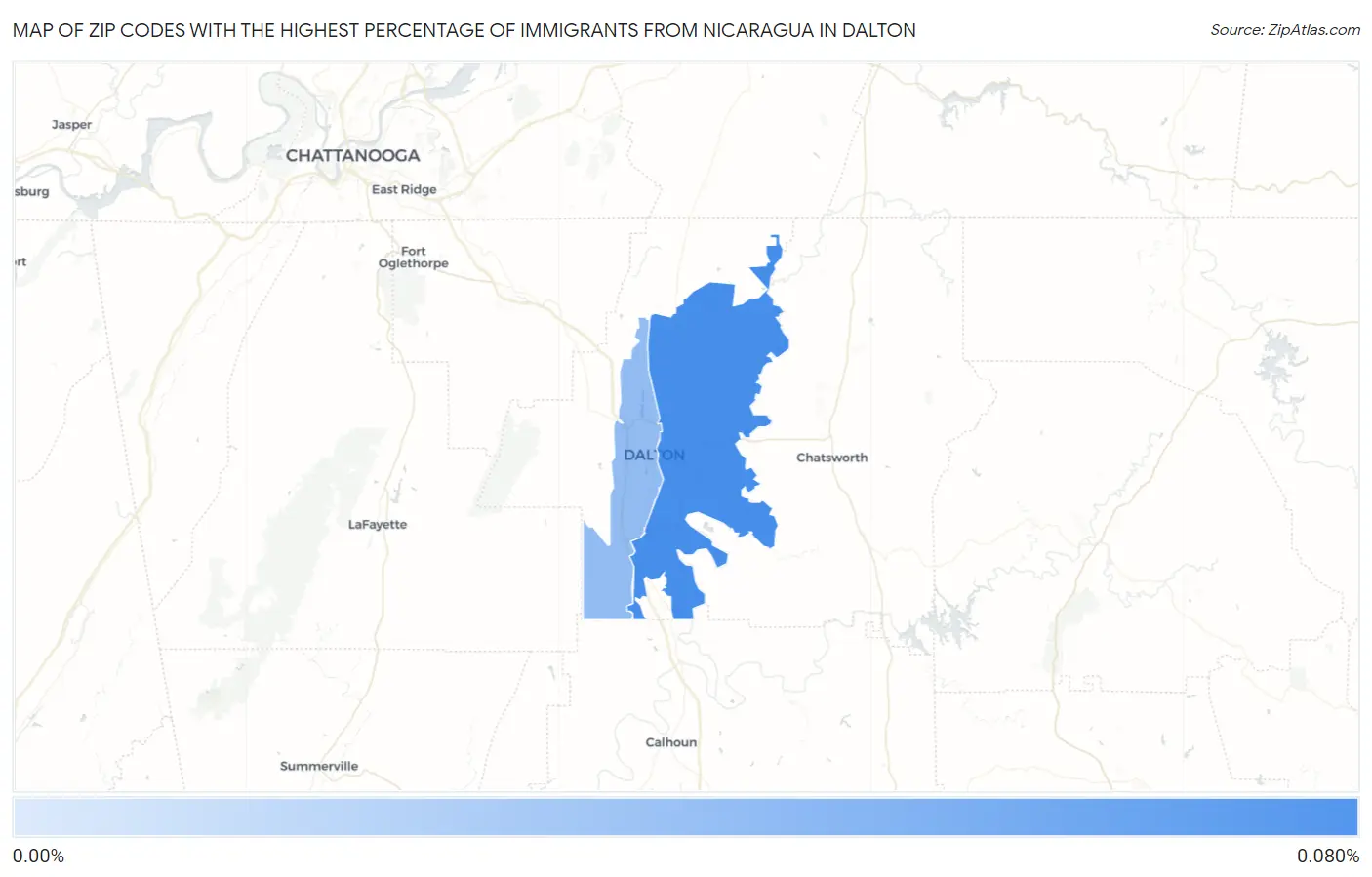 Zip Codes with the Highest Percentage of Immigrants from Nicaragua in Dalton Map