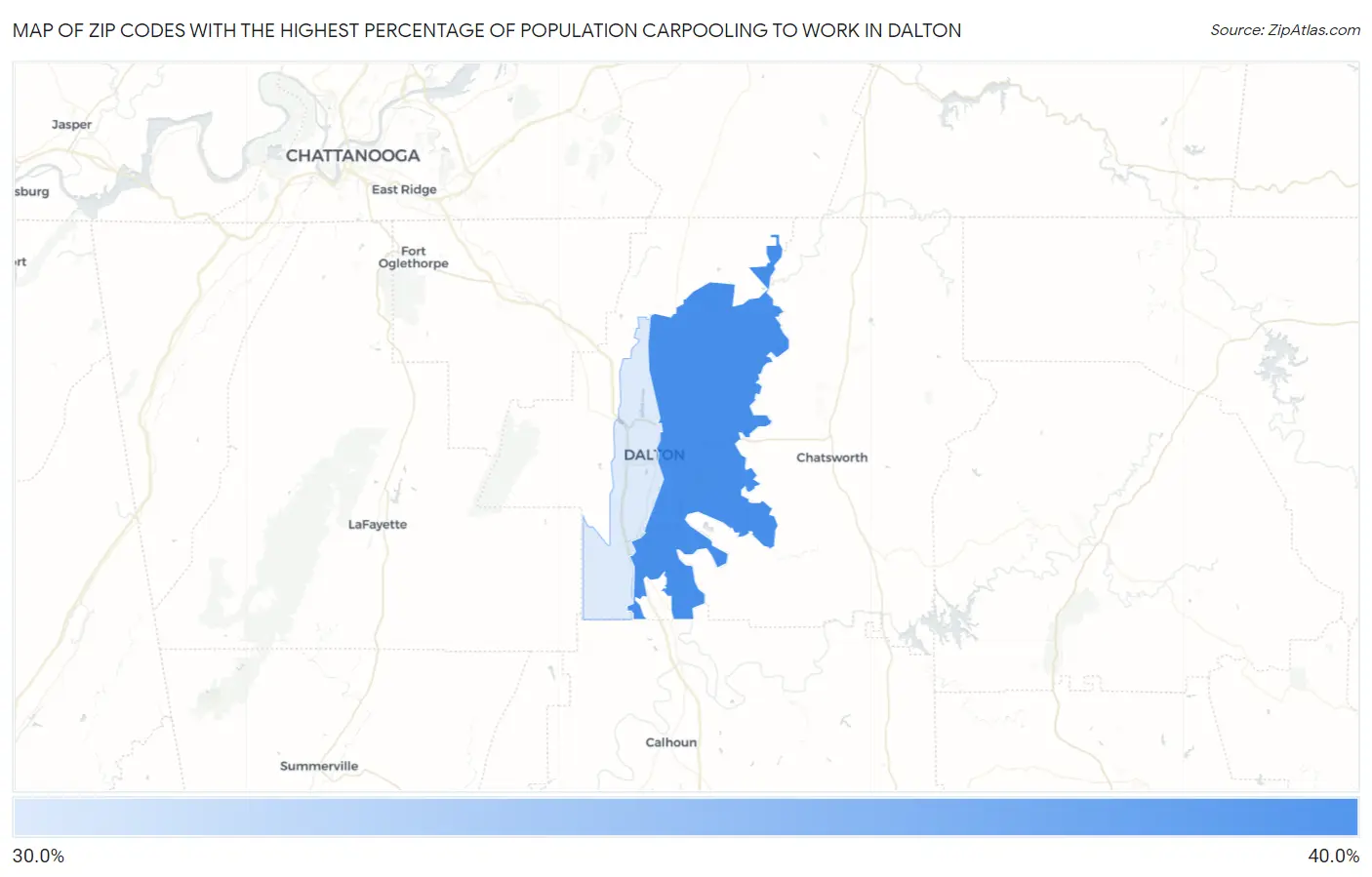 Zip Codes with the Highest Percentage of Population Carpooling to Work in Dalton Map