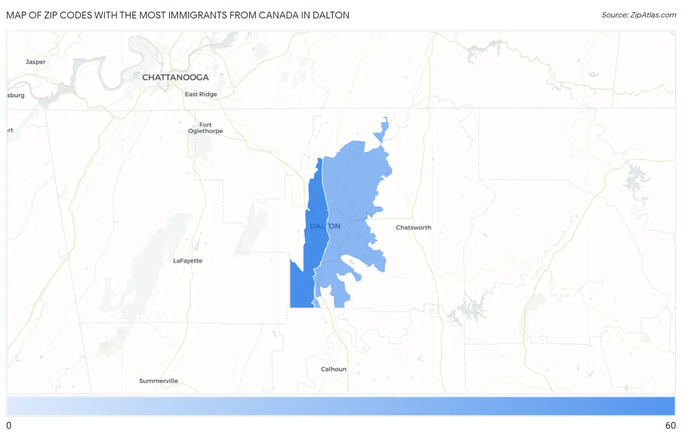 Zip Codes with the Most Immigrants from Canada in Dalton Map
