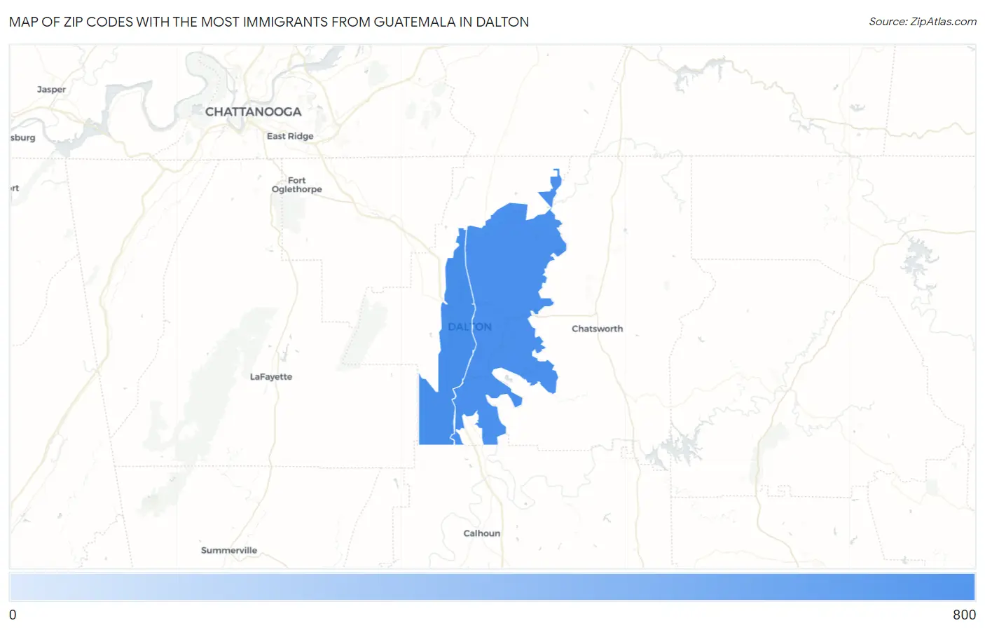 Zip Codes with the Most Immigrants from Guatemala in Dalton Map