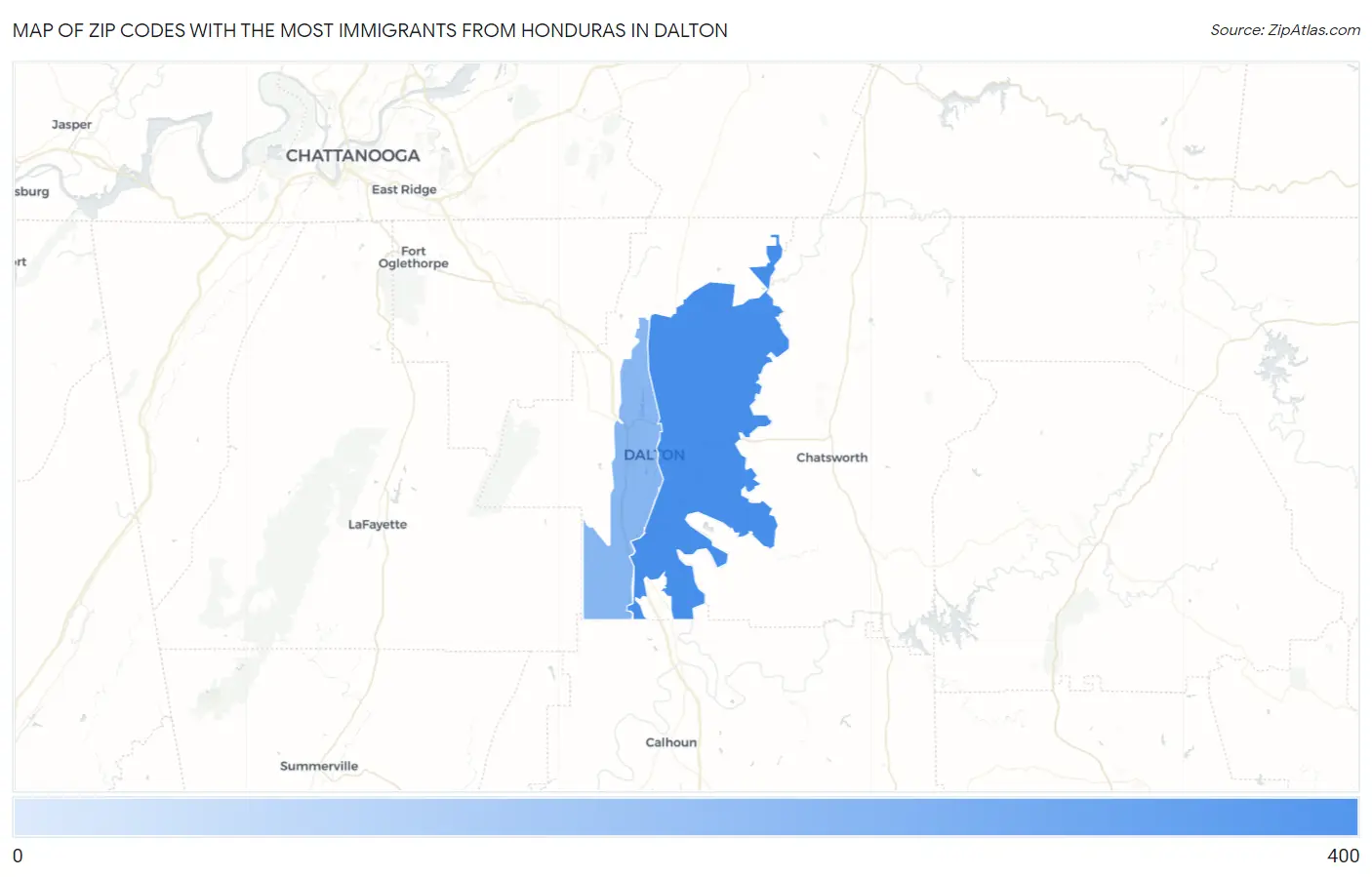 Zip Codes with the Most Immigrants from Honduras in Dalton Map