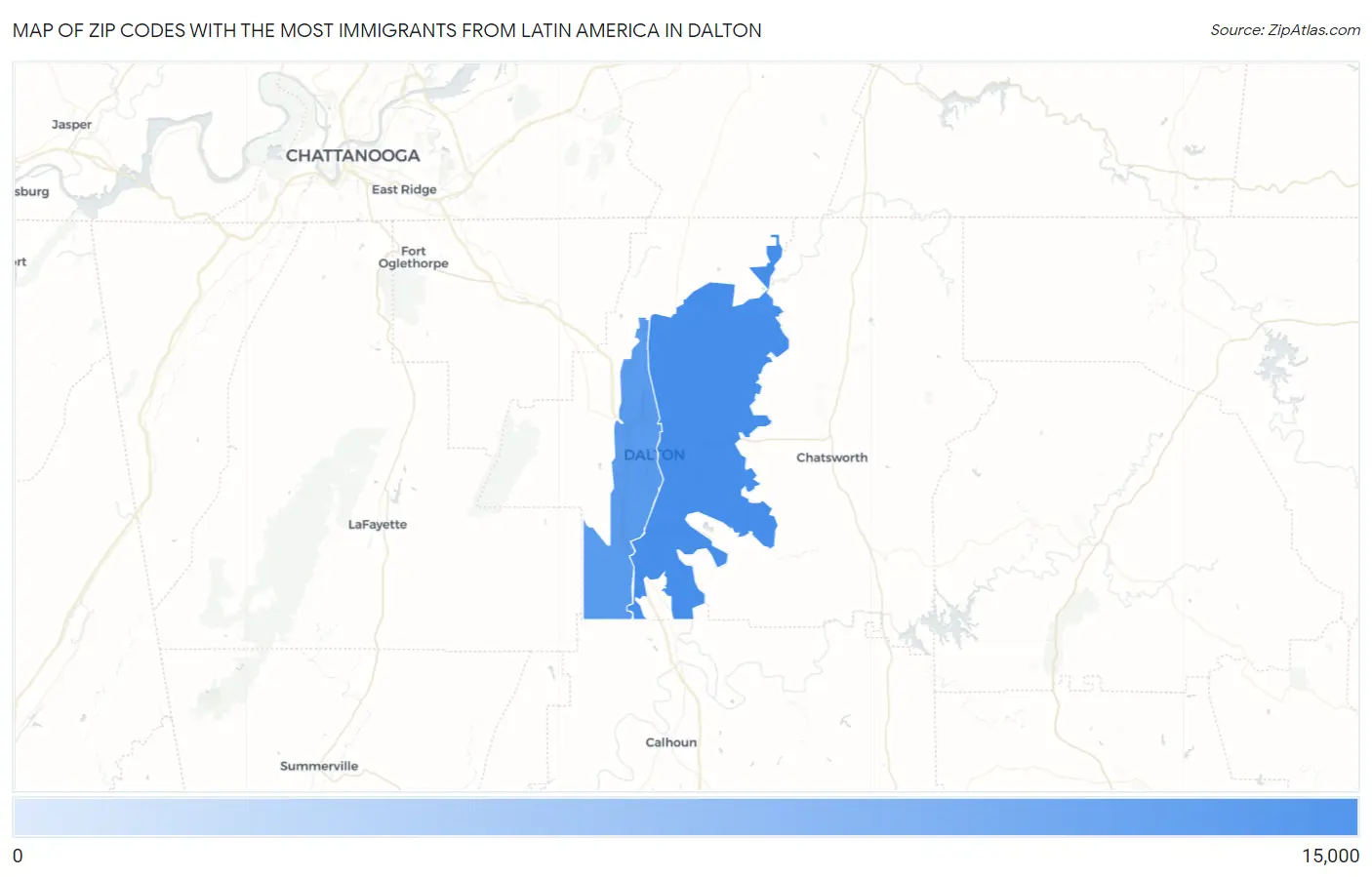 Zip Codes with the Most Immigrants from Latin America in Dalton Map