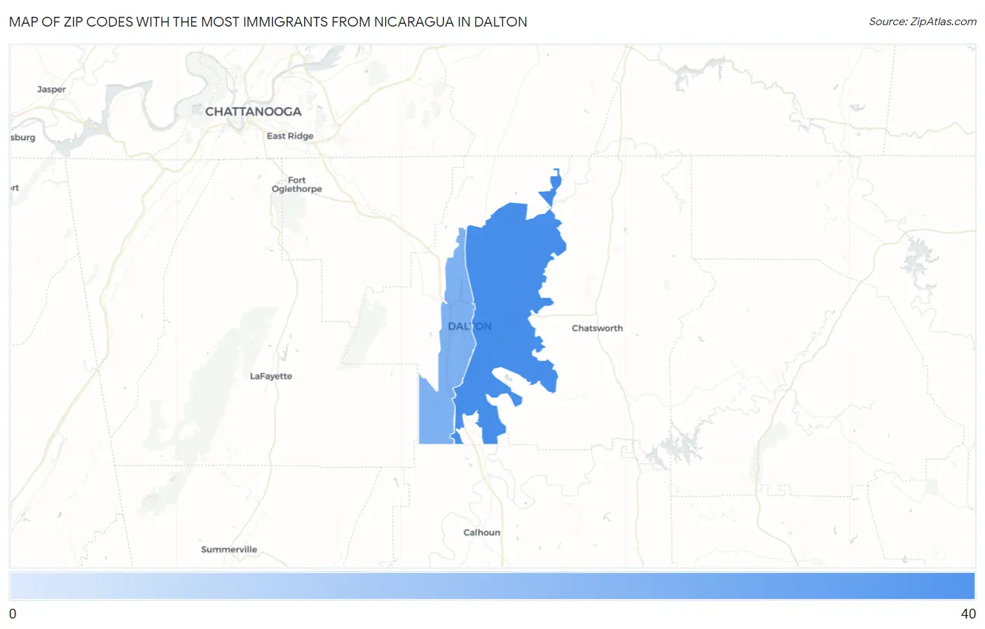 Zip Codes with the Most Immigrants from Nicaragua in Dalton Map