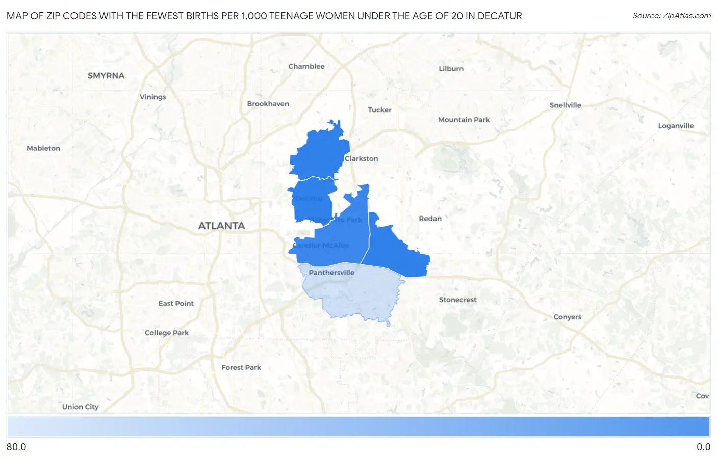 Zip Codes with the Fewest Births per 1,000 Teenage Women Under the Age of 20 in Decatur Map