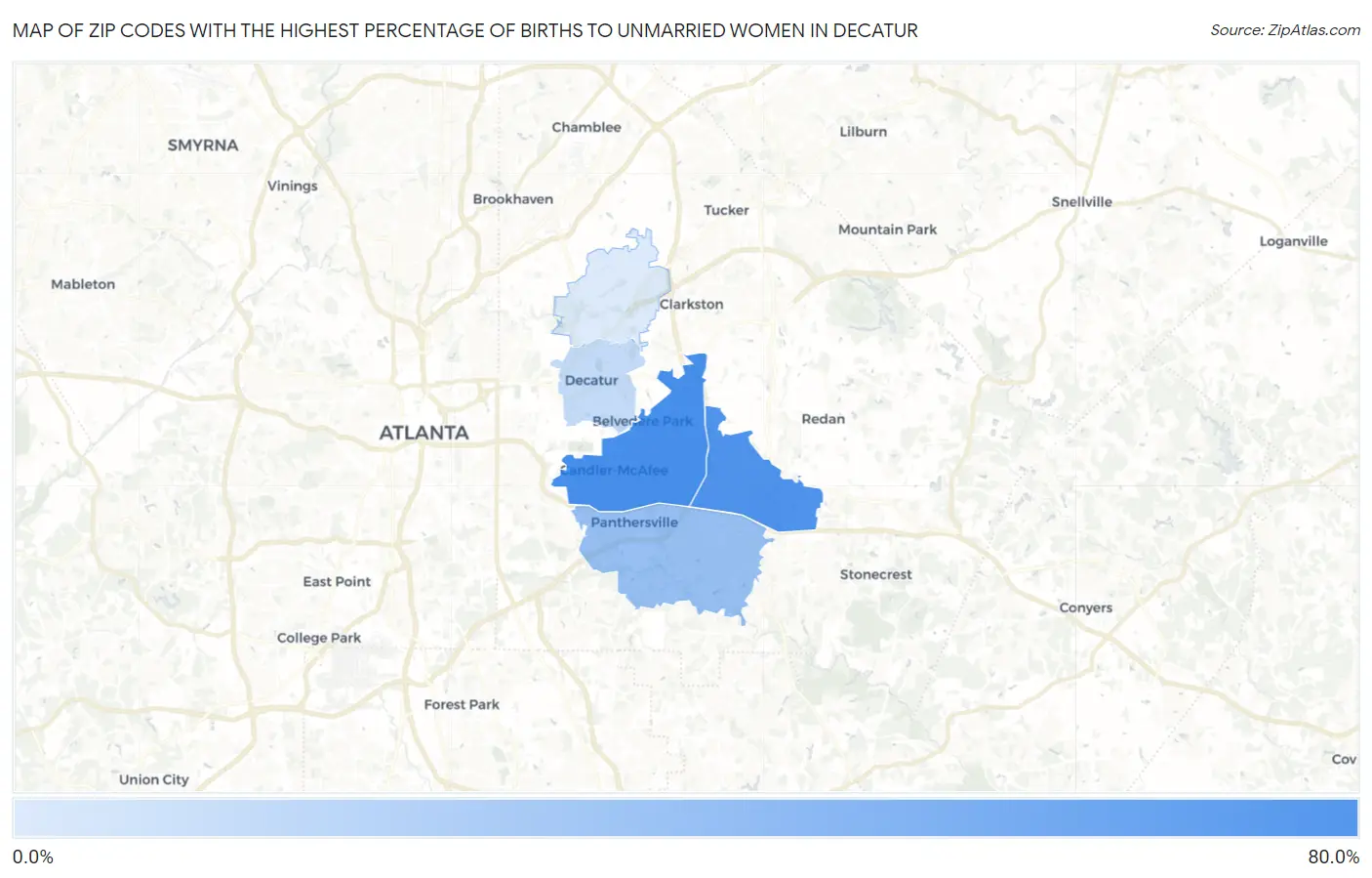 Zip Codes with the Highest Percentage of Births to Unmarried Women in Decatur Map