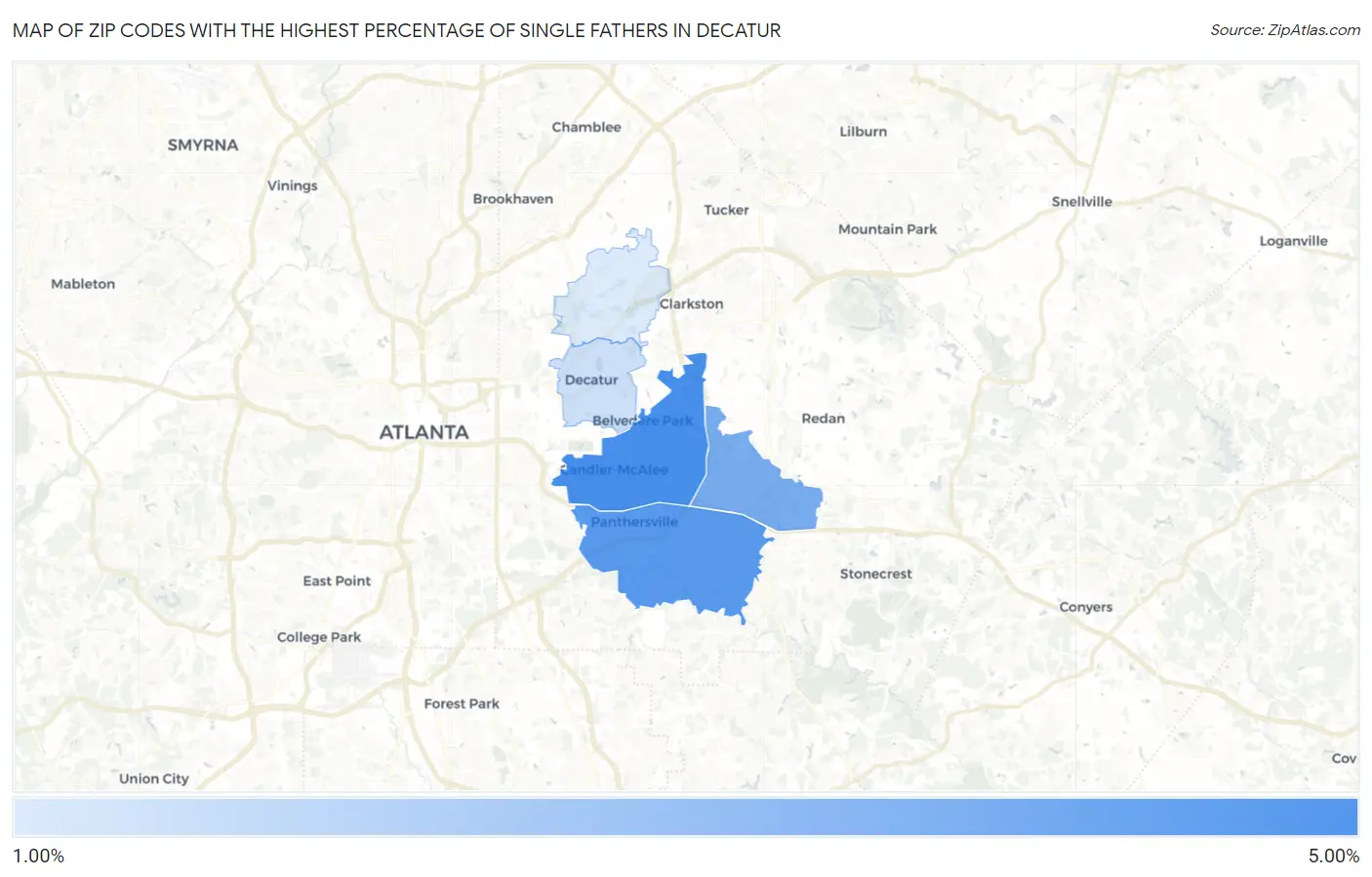 Zip Codes with the Highest Percentage of Single Fathers in Decatur Map