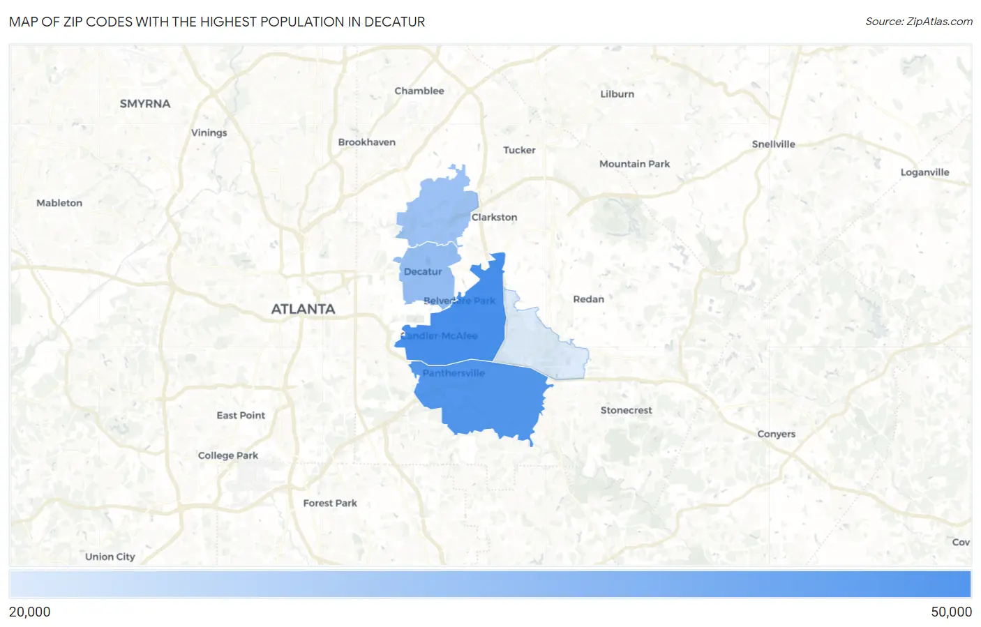 Zip Codes with the Highest Population in Decatur Map