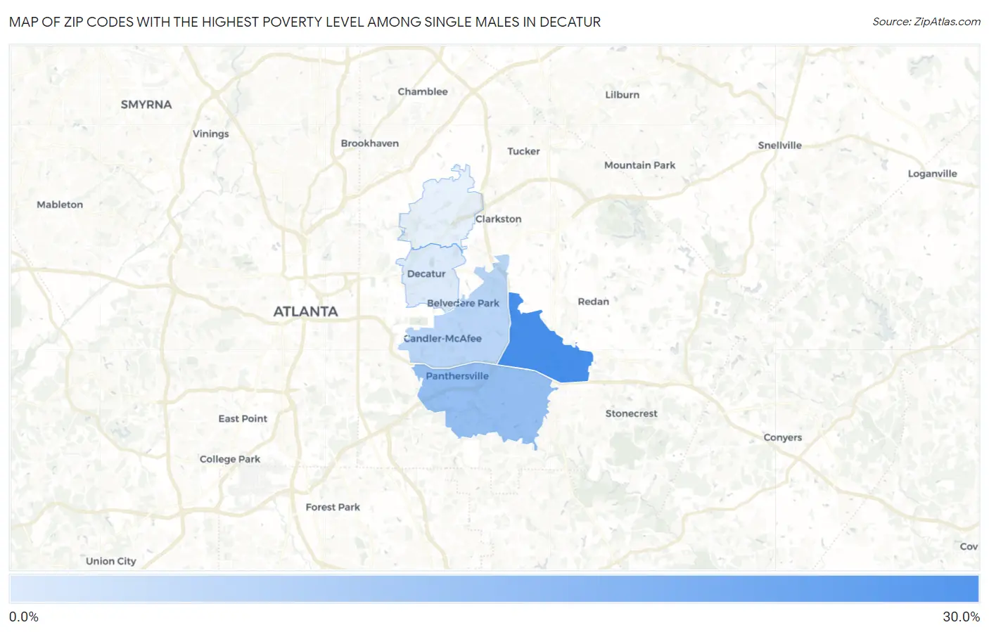 Zip Codes with the Highest Poverty Level Among Single Males in Decatur Map