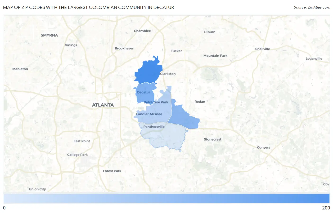 Zip Codes with the Largest Colombian Community in Decatur Map