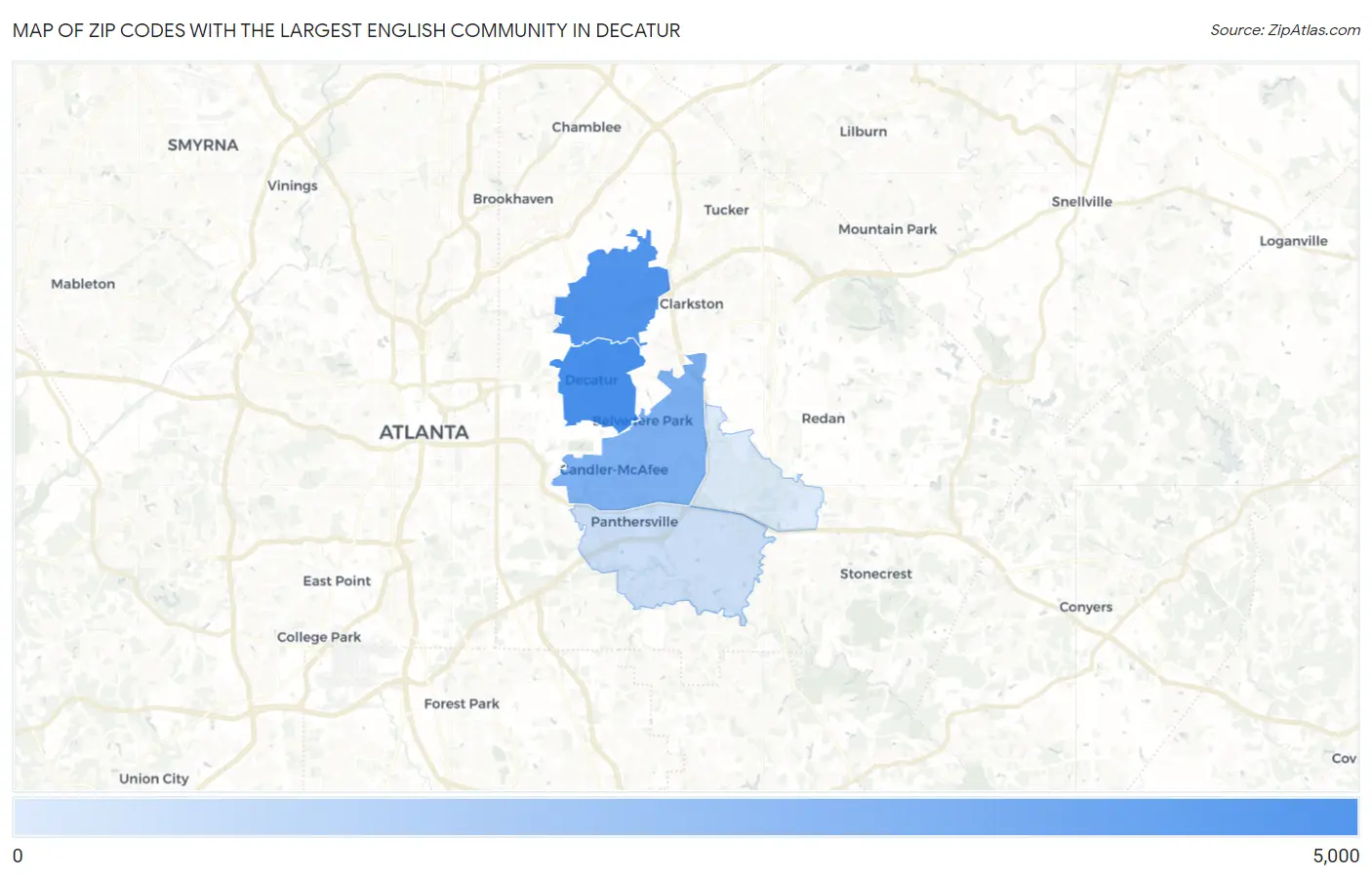 Zip Codes with the Largest English Community in Decatur Map