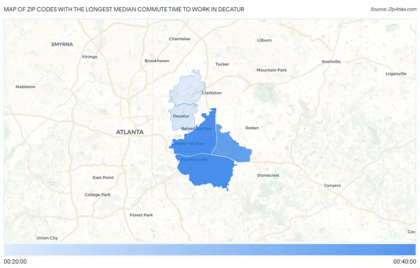 Zip Codes with the Longest Median Commute Time to Work in Decatur Map