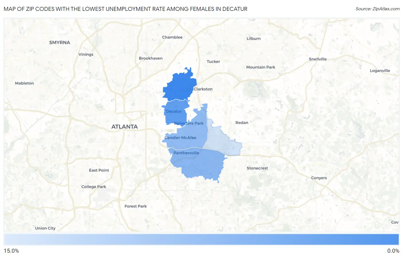 Zip Codes with the Lowest Unemployment Rate Among Females in Decatur Map