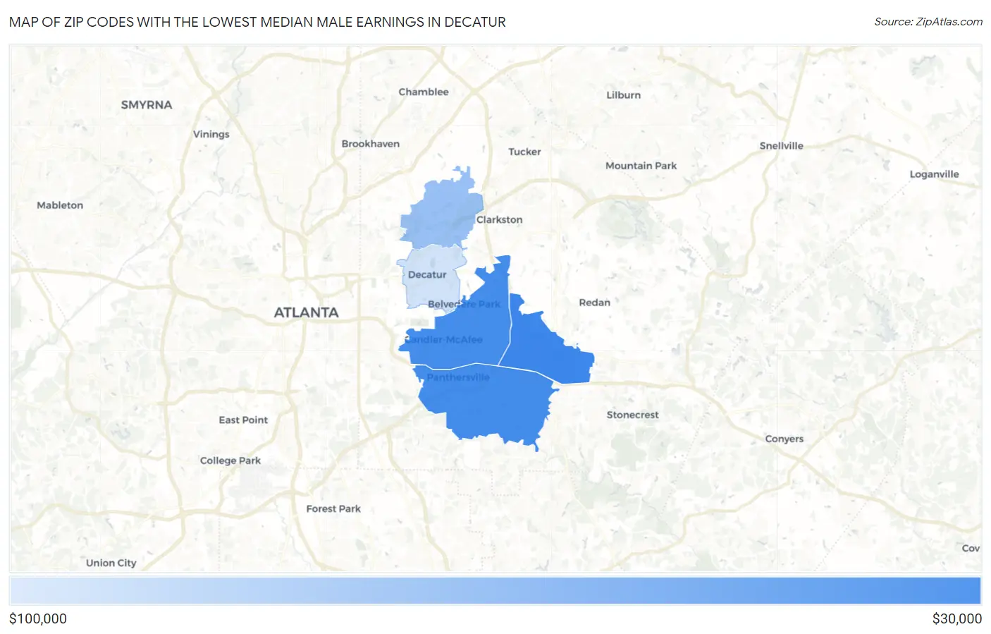 Zip Codes with the Lowest Median Male Earnings in Decatur Map